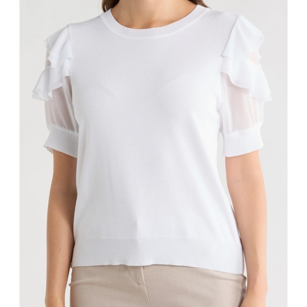 Nanette Lepore Womens White Short Sleeve Ruffle Tiered Knit Top New Small - Picture 1 of 11